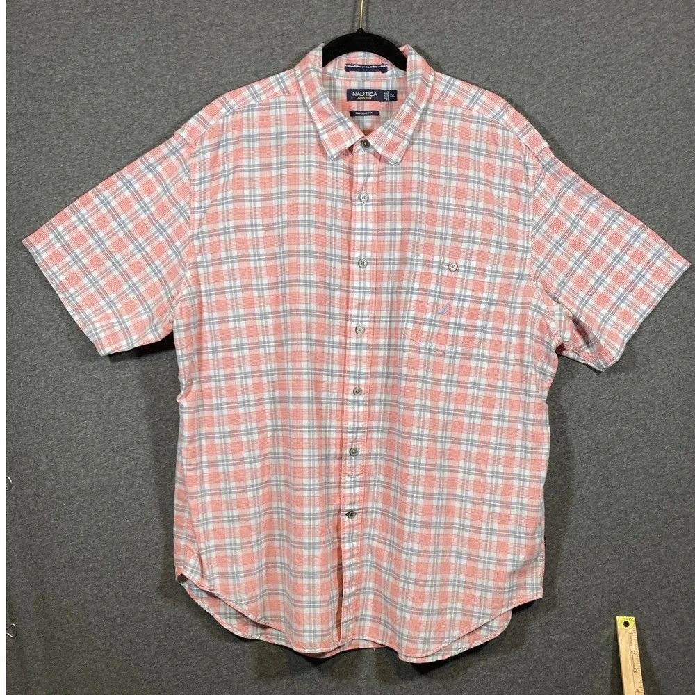 Nautica Mens XXL Classic Fit Short Sleeve Button Down Shirt Orange Blue Plaid